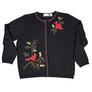 Alfred Dunner Women's Black Cardinal Embroidered Cardigan Sweater XL